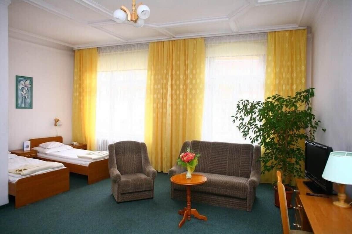Quarto de hotel com duas camas de solteiro, um sofá, uma mesinha com um vaso, uma televisão e uma planta em vaso.