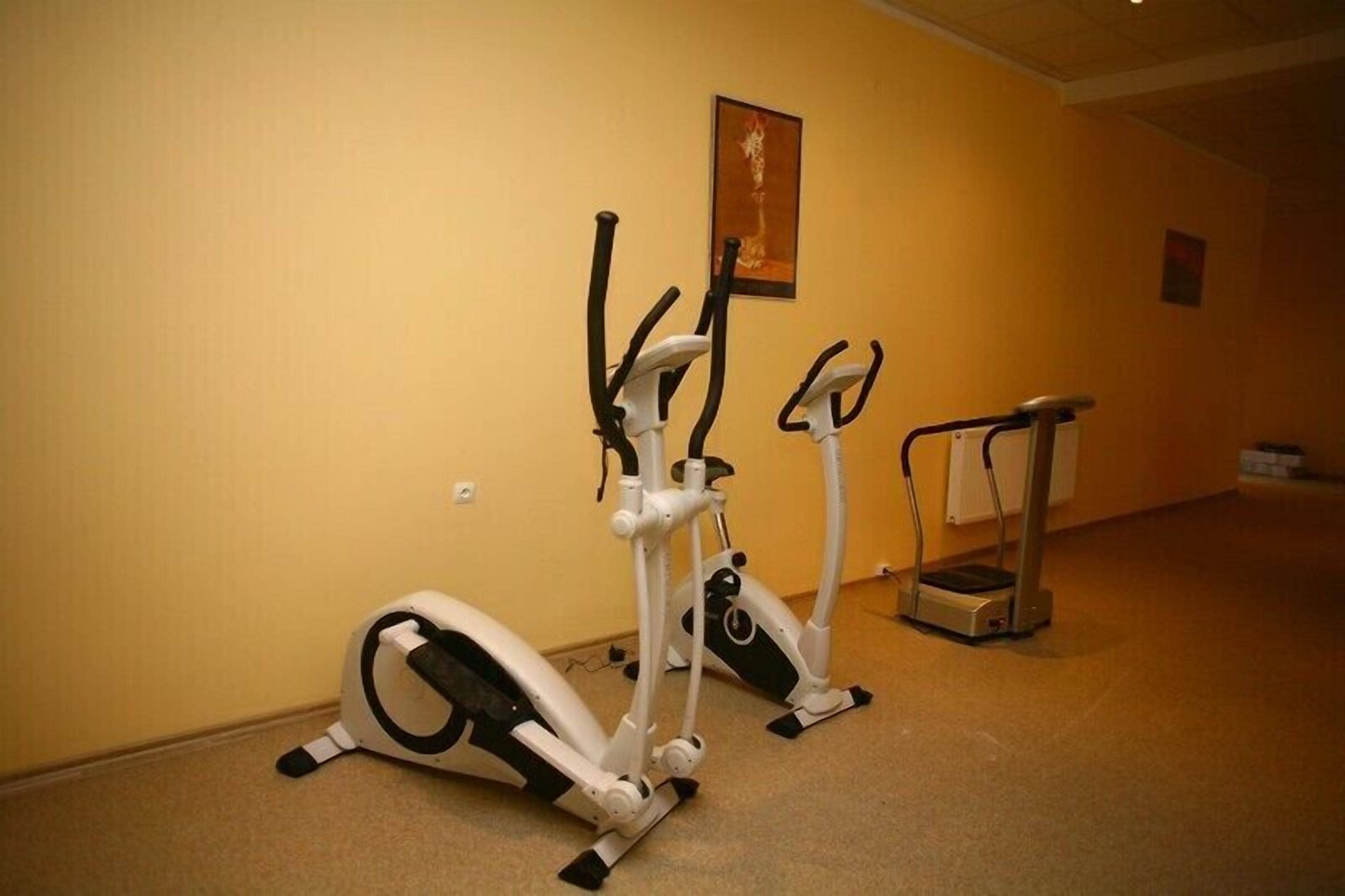 A room with two stationary bikes and a treadmill.