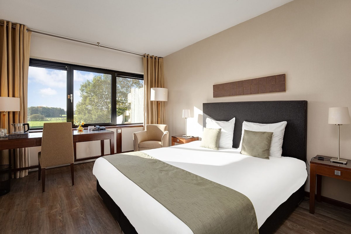 Habitación de hotel con una cama grande, un escritorio, una silla, una mesita de noche y una ventana con cortinas.