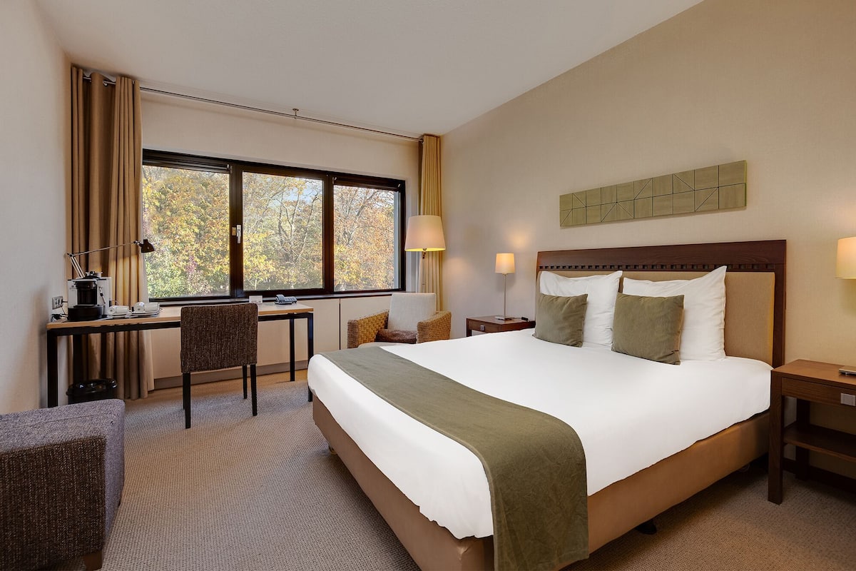 Une chambre d’hôtel avec un grand lit, un bureau, deux chaises, une lampe et une vue sur les arbres par la fenêtre.