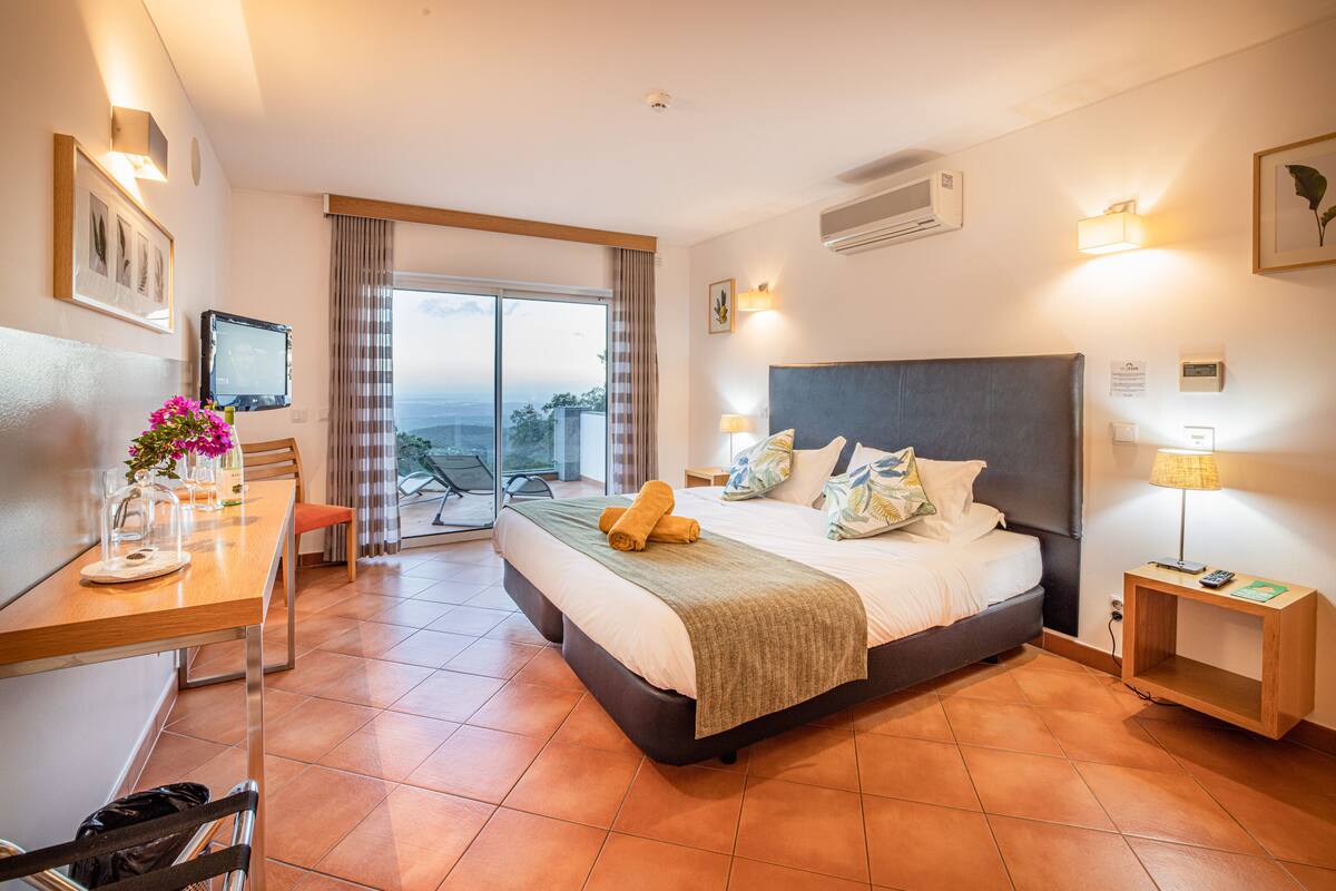 A hotel room with a bed, a desk, a chair, a TV, and a view of the outdoors.