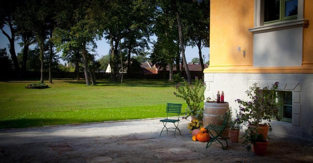 Un patio con una silla verde, un barril de madera y plantas en macetas.