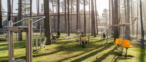 Um parque com equipamentos de ginástica, bancos e árvores altas.
