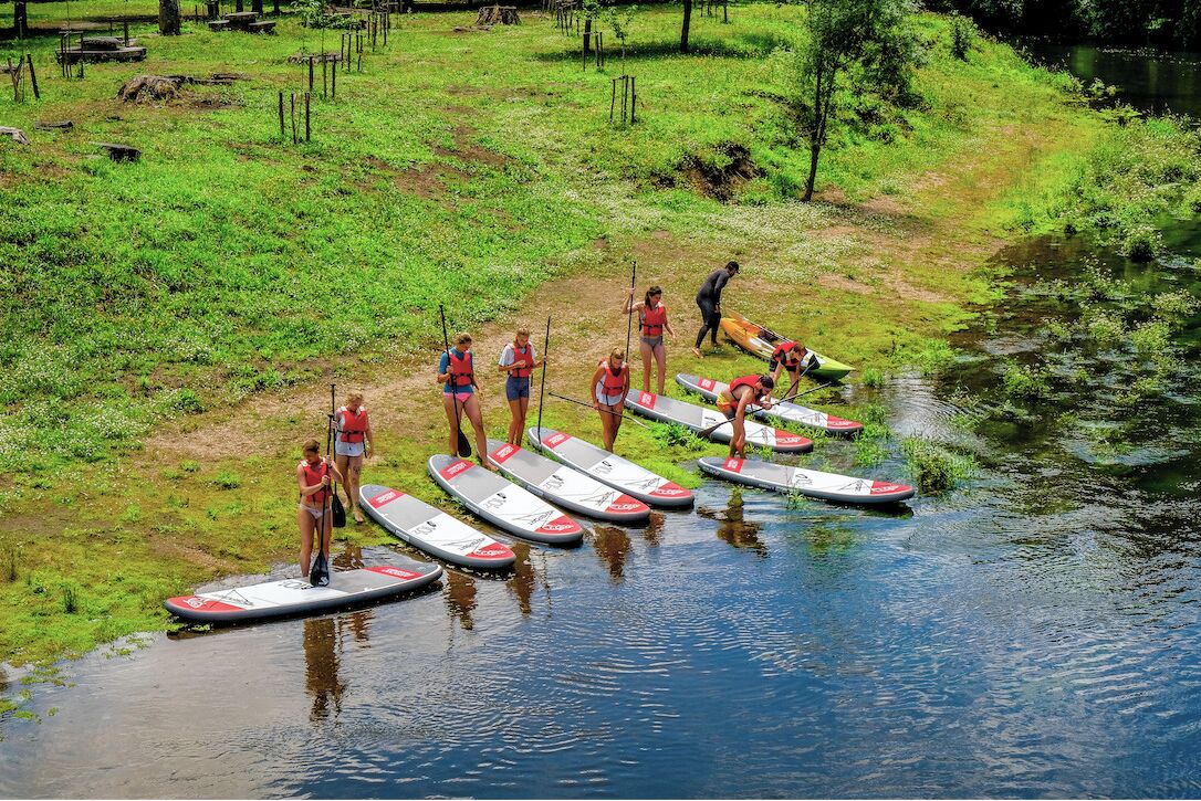 A group of people on paddleboards near a calm river, with a grassy area and trees in the background.