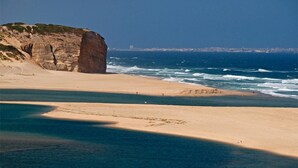A coastal landscape with a prominent cliff, sandy beach, and calm sea. - Hotel Dona Leonor (Caldas da Rainha)