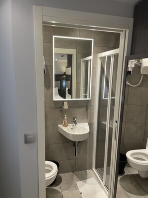 Driepersoonskamer | Badkamer | Een haardroger, handdoeken