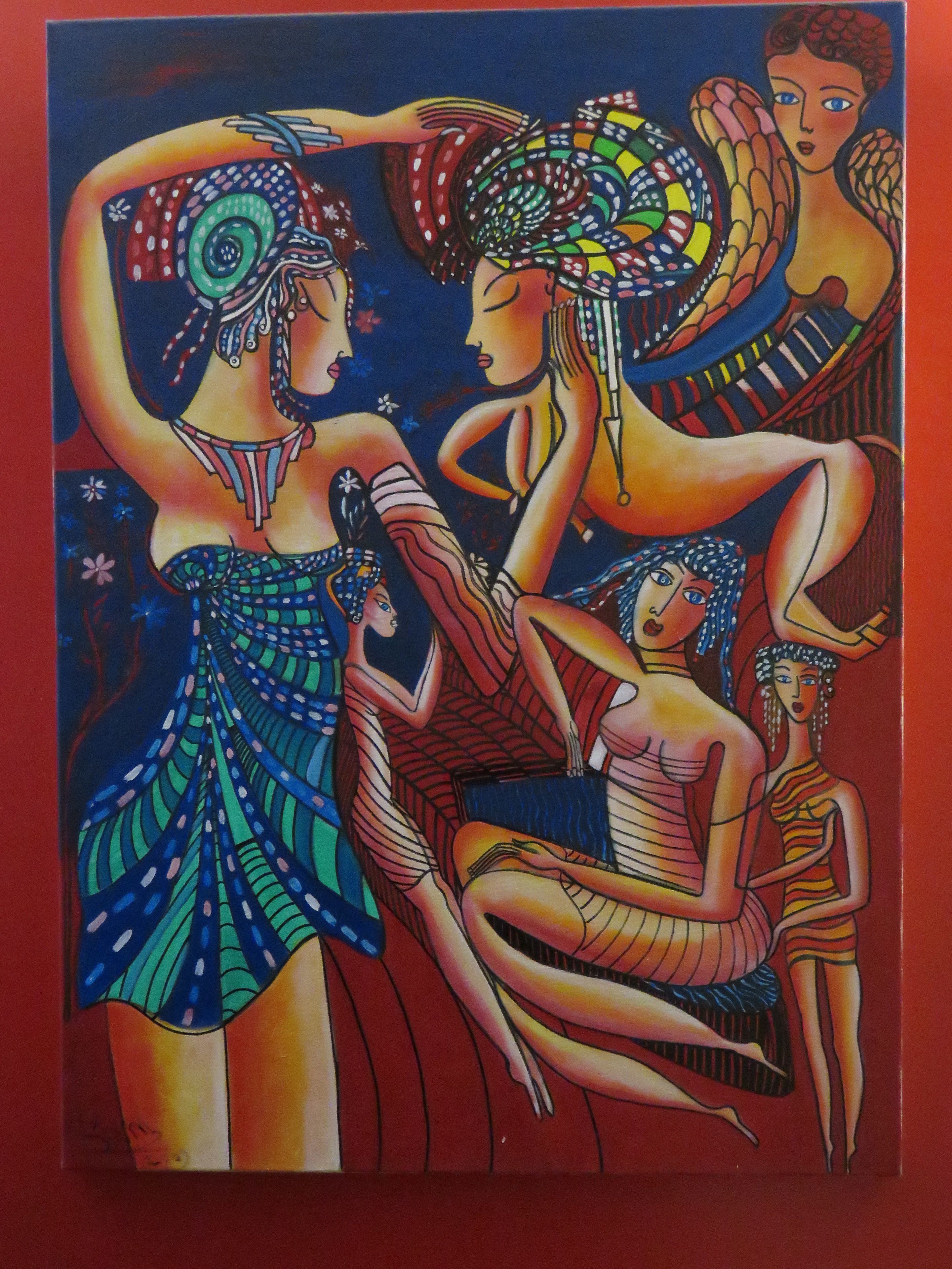 Una pintura de tres figuras en una composición colorida y estilizada.