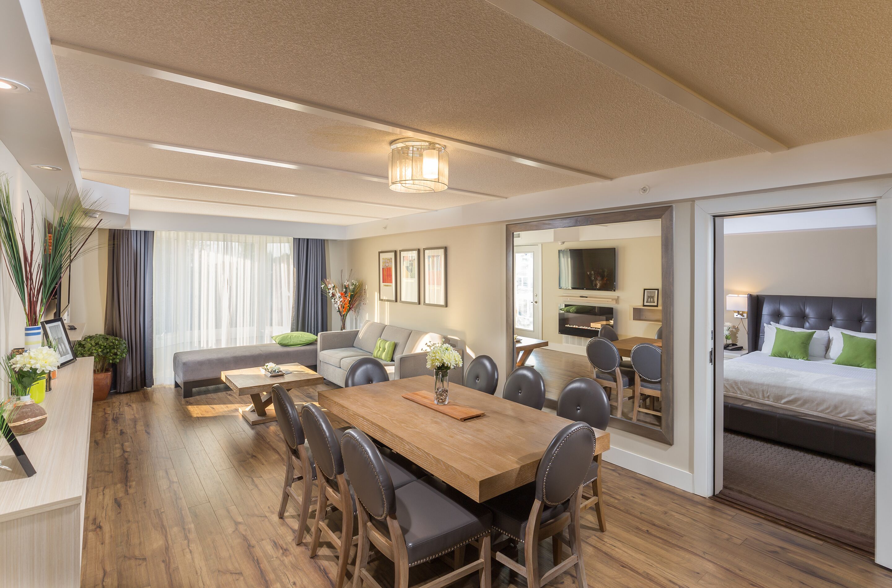 43-inch flat-screen TV with cable channels, TV