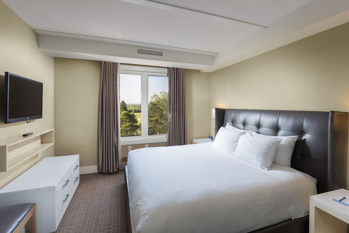 A hotel room with a large bed, a TV mounted on the wall, a desk, and a window with curtains.