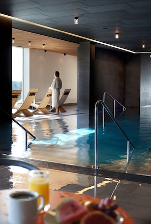 6 indoor pools, outdoor pool, open 8:00 AM to 9:00 PM, pool loungers