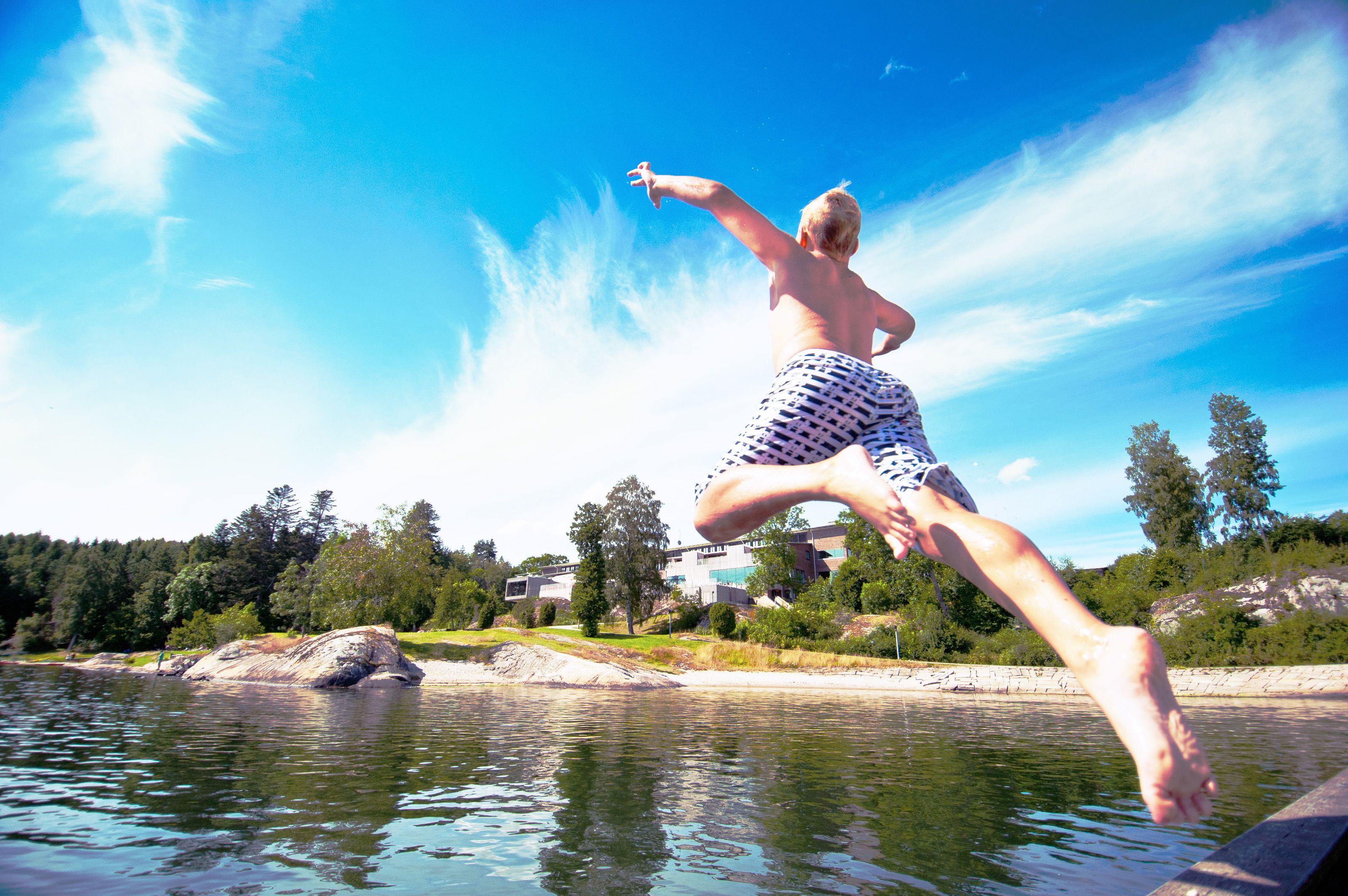 A person jumping off a dock into a body of water with a clear sky and trees in the background.