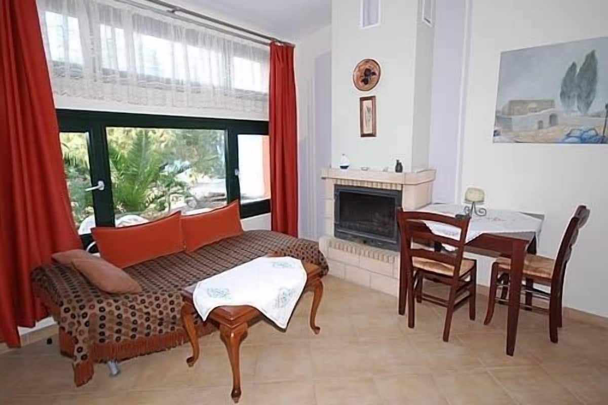 A room with a sofa, a dining table with chairs, a fireplace, and a window with curtains.