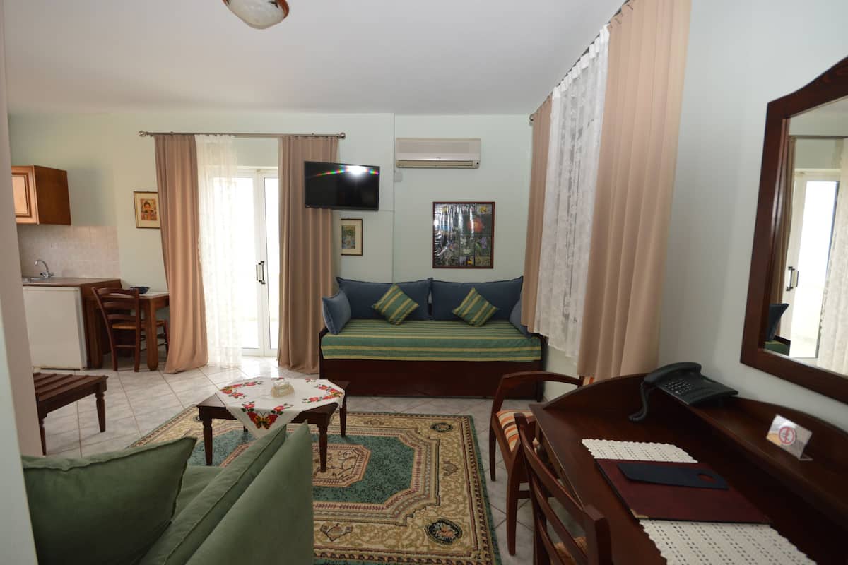 A compact living space with a sofa, a dining table, a small kitchen area, and a television.