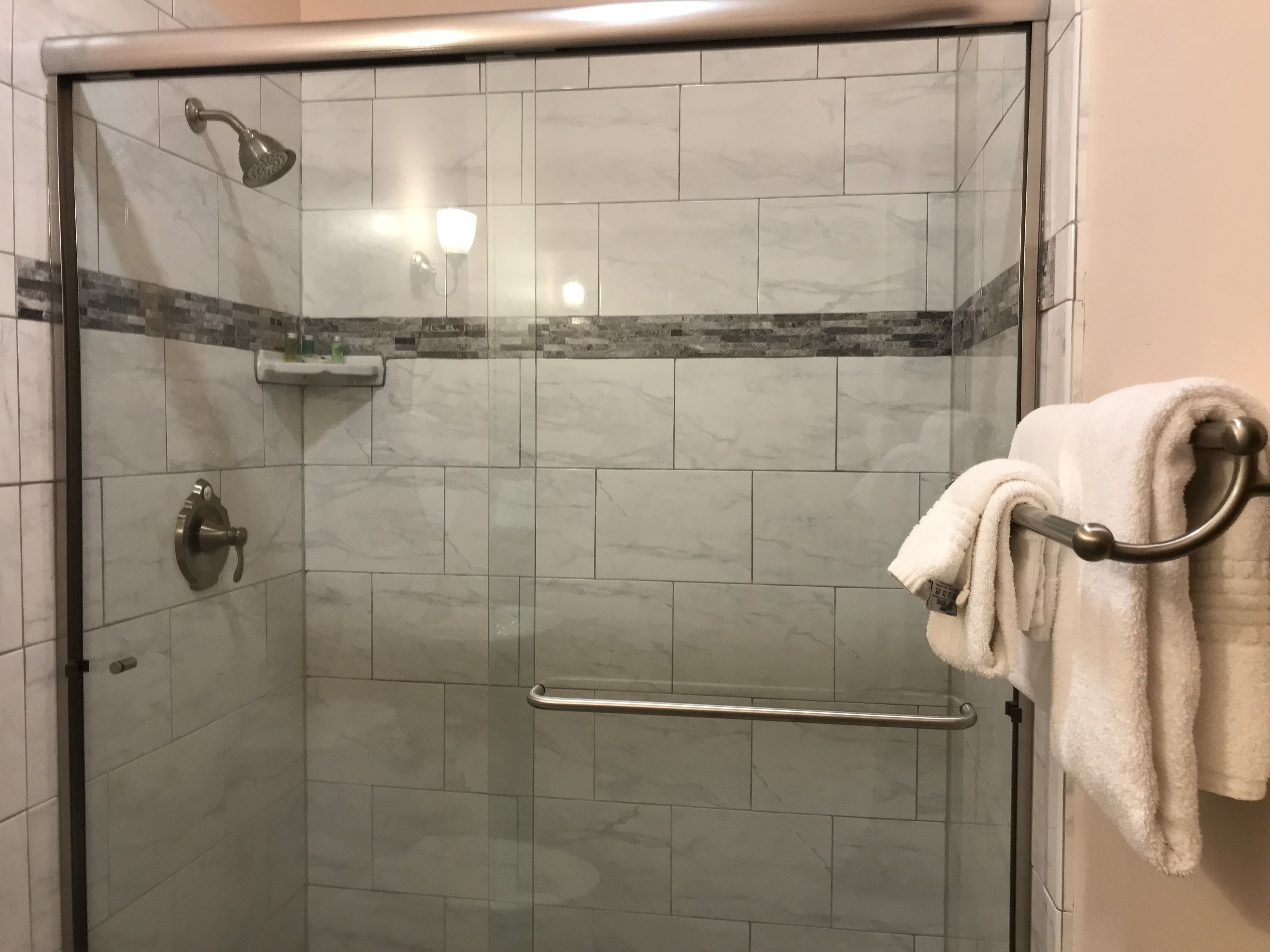 A glass-enclosed shower with a handrail, a towel rack, and a showerhead.