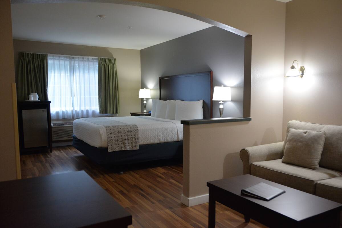 A hotel room with a bed, a desk, a sofa, and a coffee table.