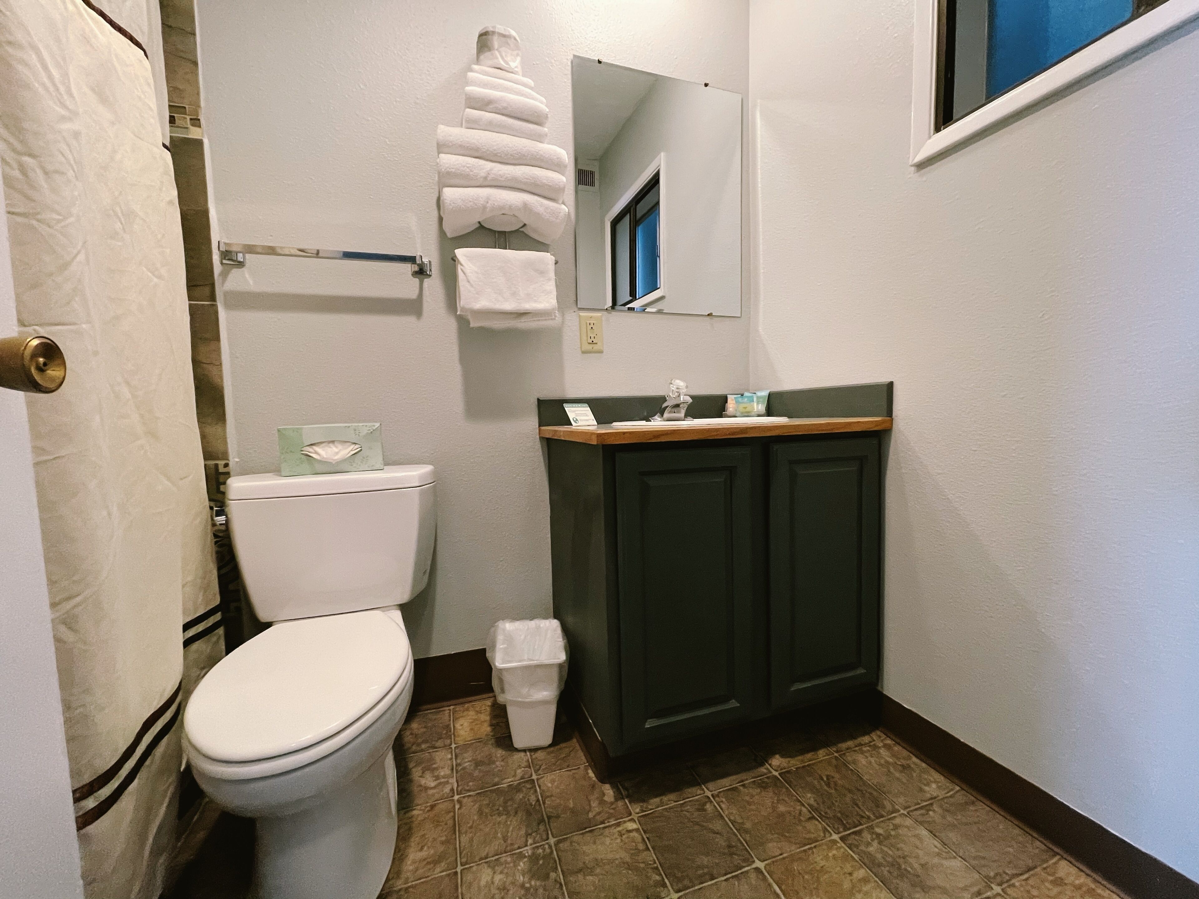 Une salle de bain comprenant des toilettes, un lavabo avec un miroir au-dessus, et un porte-serviettes avec des serviettes.