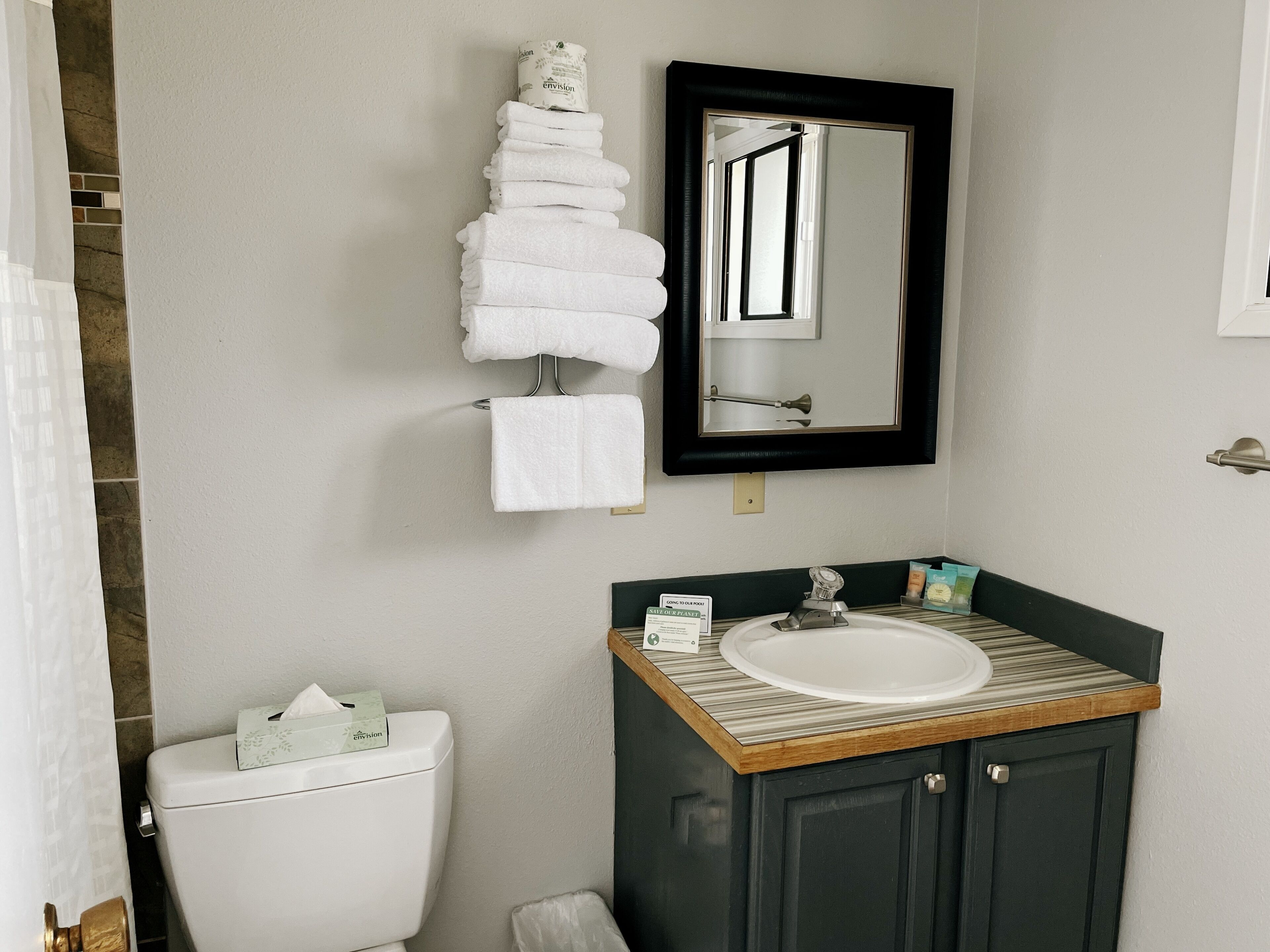 A bathroom with a toilet, sink, mirror, and towel rack.