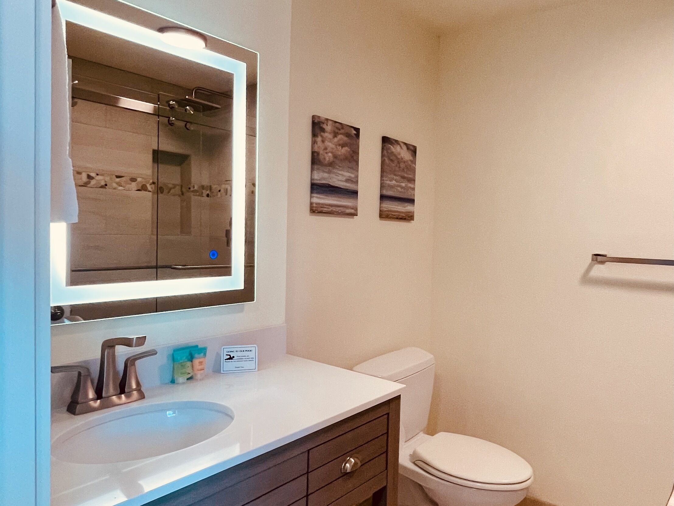 A bathroom with a large mirror, a sink, a toilet, and two framed pictures on the wall.