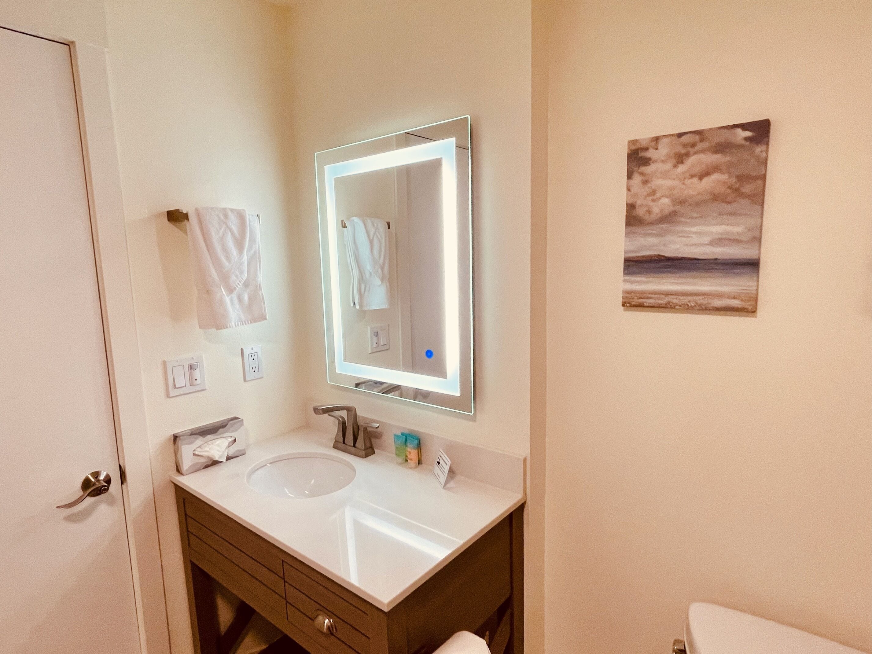 Un baño con un lavabo blanco, un espejo, una toalla colgada en la pared y un cuadro de un cielo nublado.