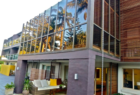 A modern building with large glass windows reflecting palm trees, a covered outdoor seating area with cushions, and a purple facade.