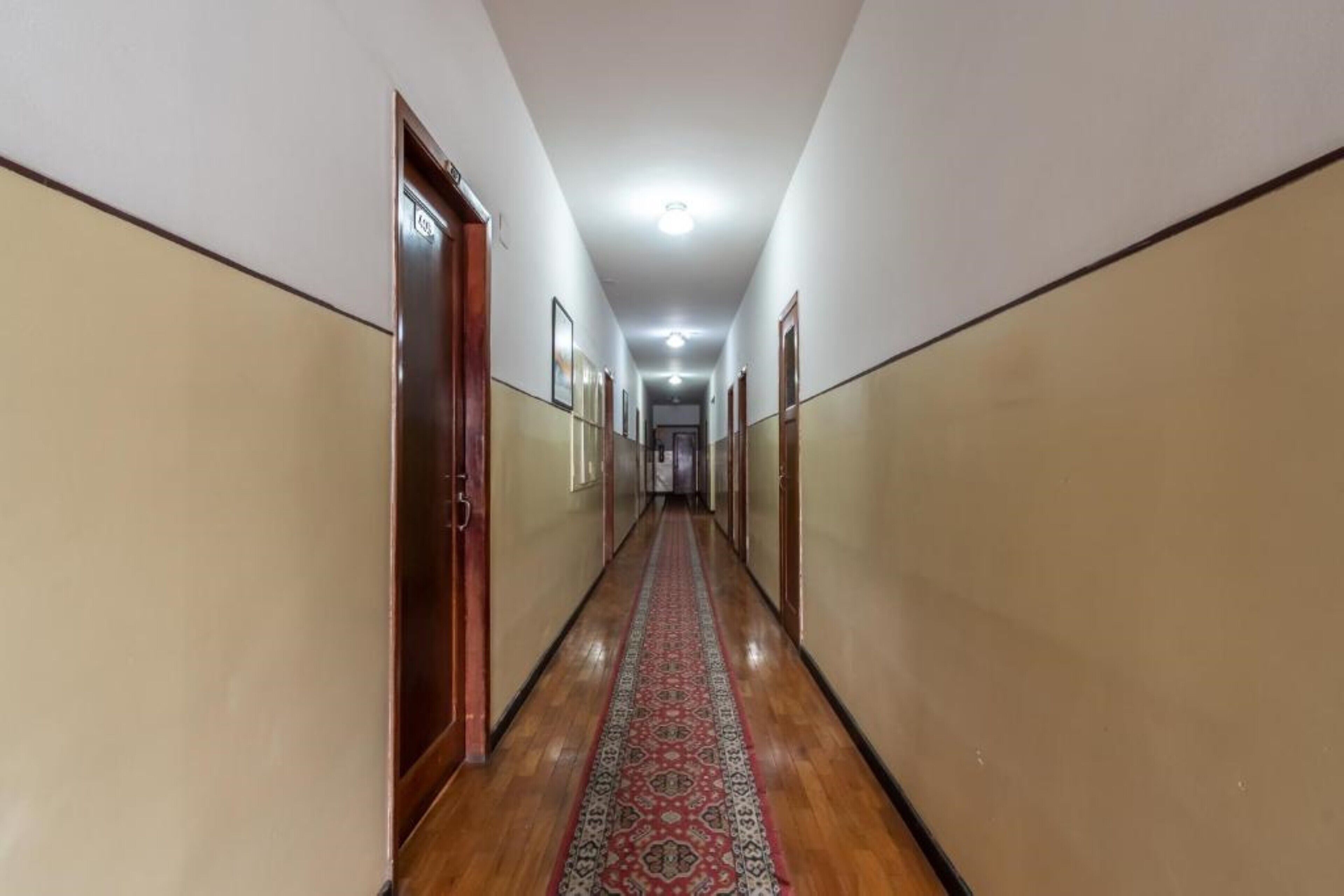 Un pasillo largo y estrecho con piso de madera y alfombra estampada.