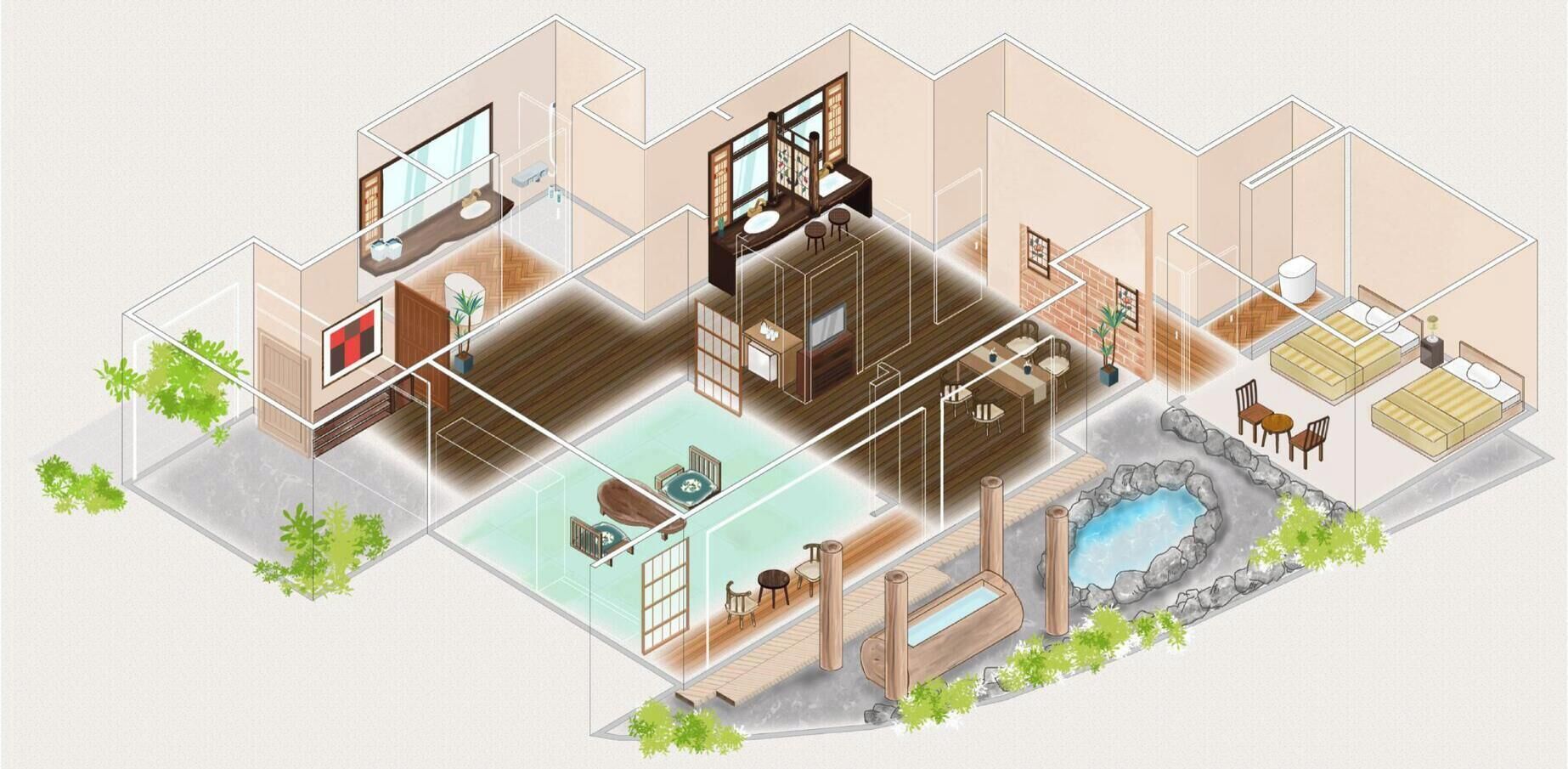 A modern hotel interior with separate bedrooms, a bathroom, a dining area, and a small outdoor pool.
