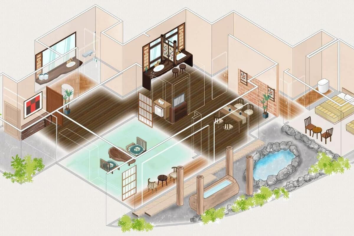 Un interior moderno de hotel con habitaciones separadas, baño, comedor y una pequeña piscina exterior.