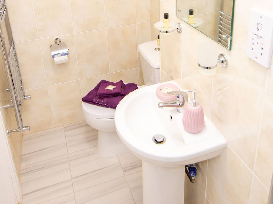 Ein Badezimmer mit Toilette, Waschbecken und Spiegel.
