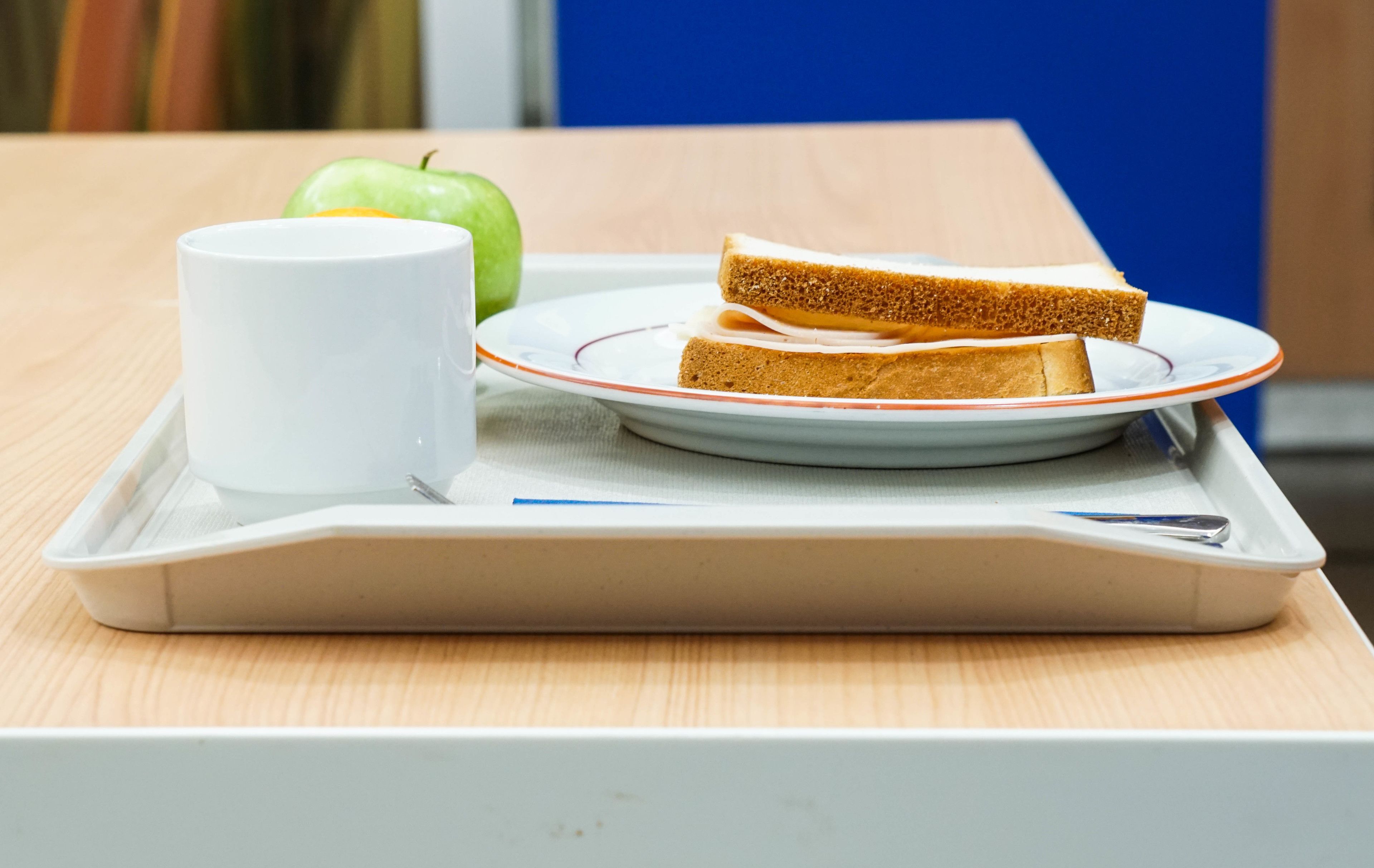 A tray with a sandwich, a mug, and an apple on a table.
