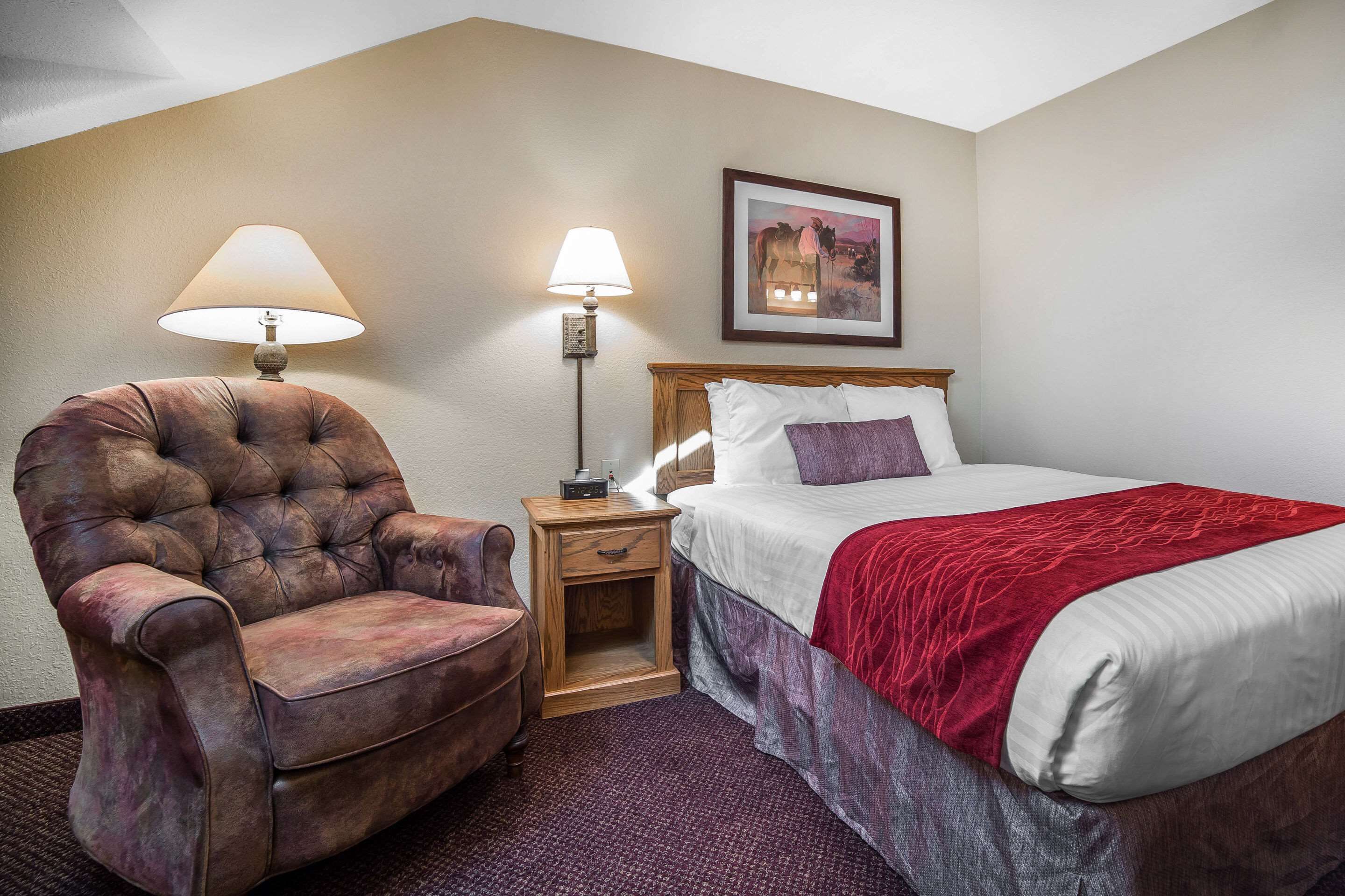 A hotel room with a bed, a chair, a nightstand with lamps, and a framed picture on the wall.