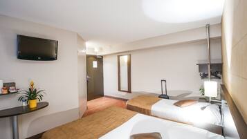 A hotel room with two beds, a TV, a small table with a plant, and a mirror.