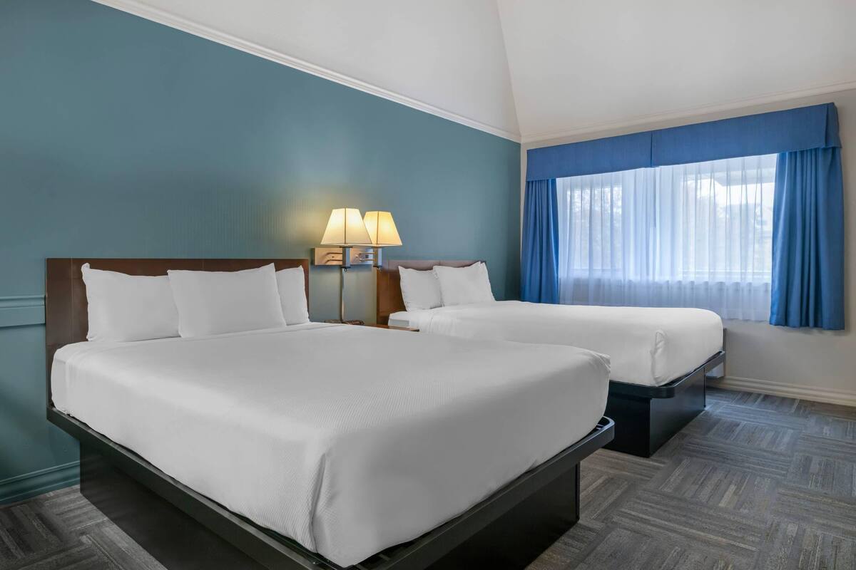 A hotel room with two beds, a nightstand with lamps, a large window with blue curtains, and a wooden floor.