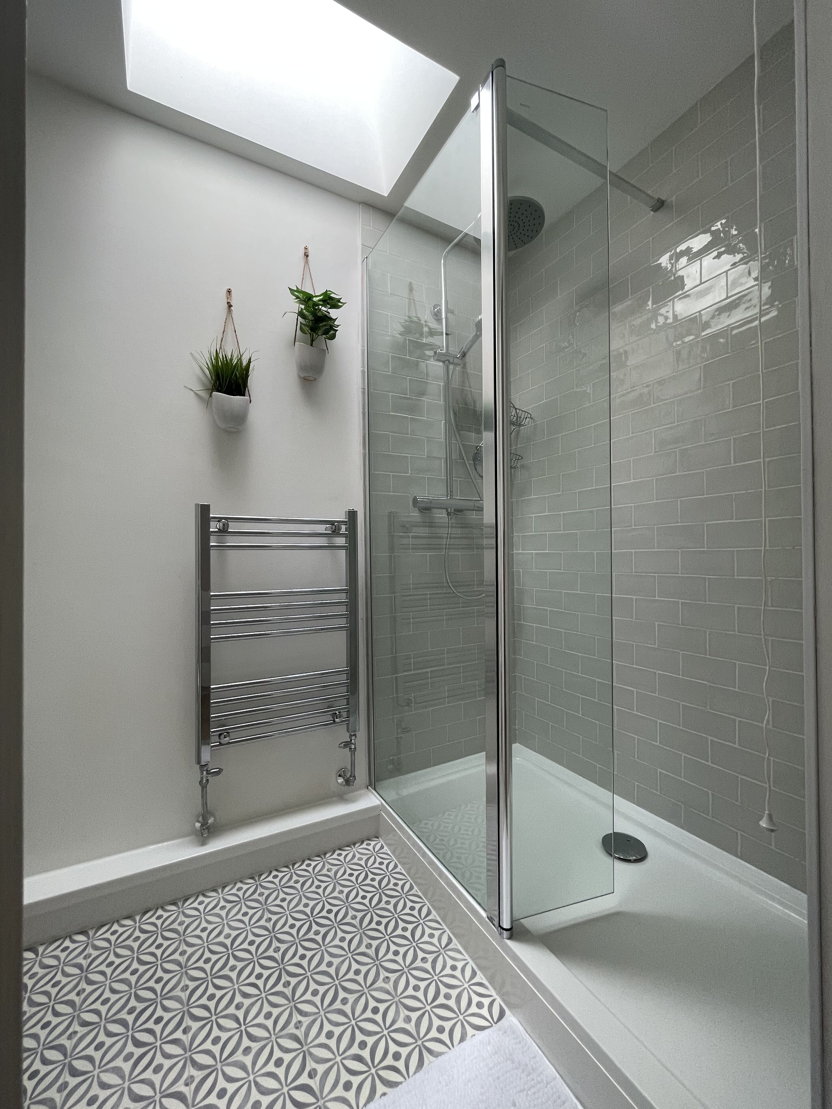 Shower, hair dryer, towels, toilet paper