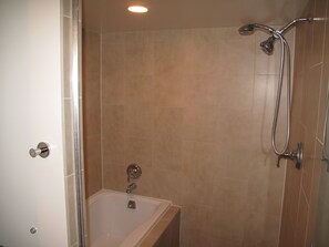 Combined shower/tub, hair dryer, towels