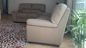 A living room with a beige sofa, a patterned rug, and a potted plant.