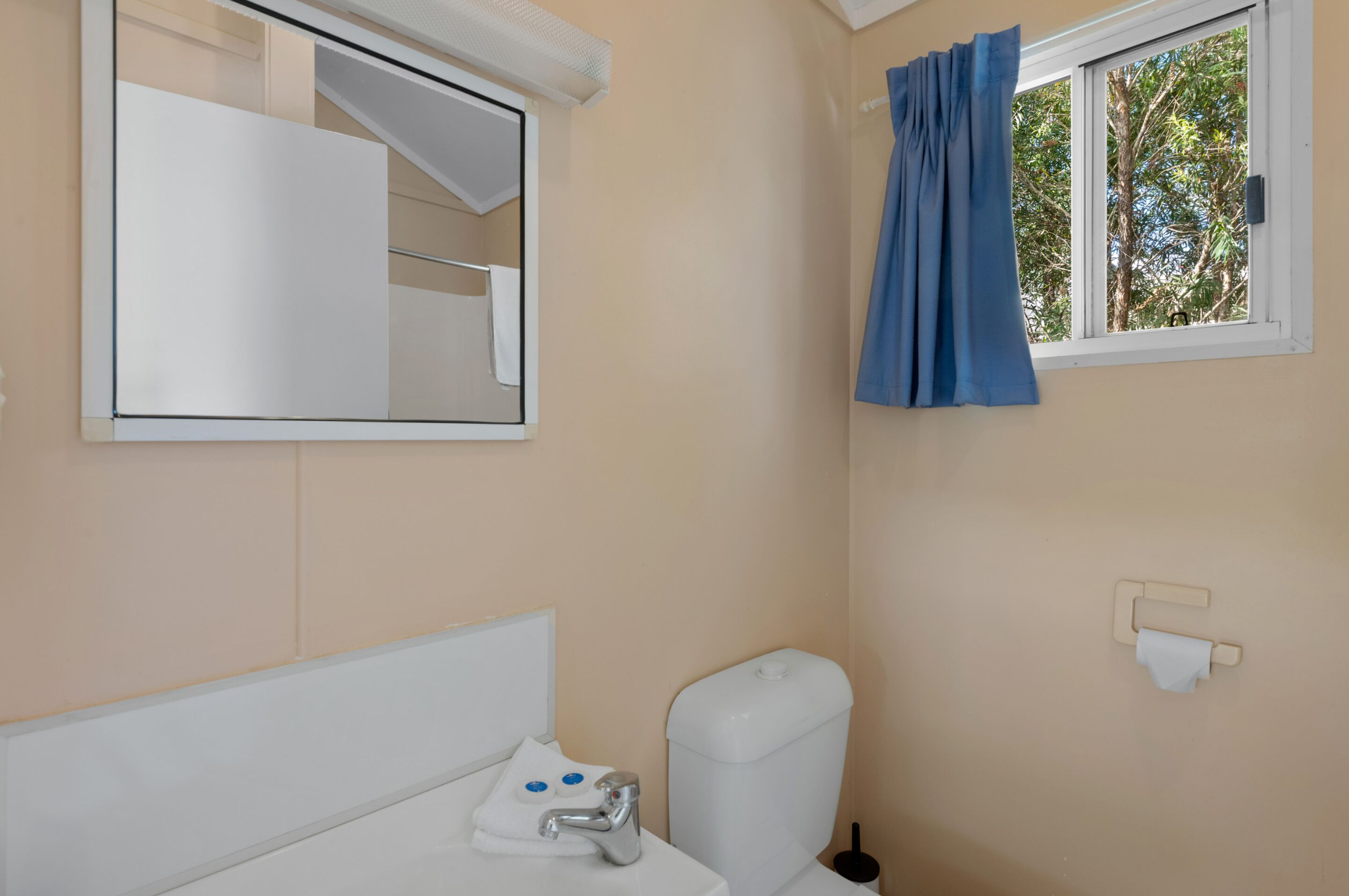 A bathroom with a toilet, sink, and mirror.