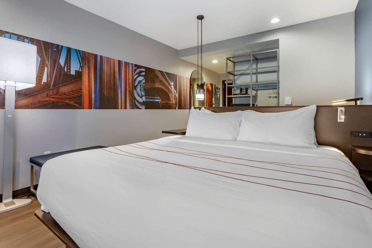 Premium bedding, desk, laptop workspace, WiFi