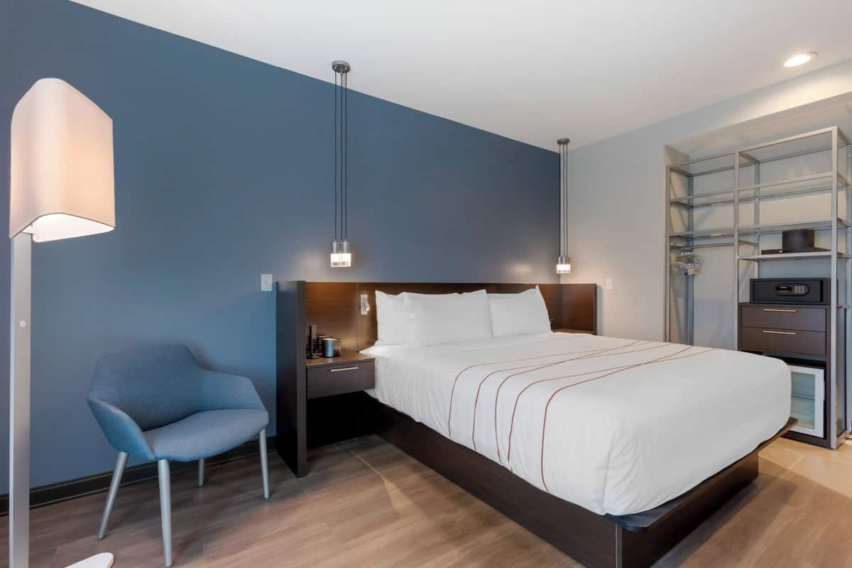 Premium bedding, desk, laptop workspace, WiFi