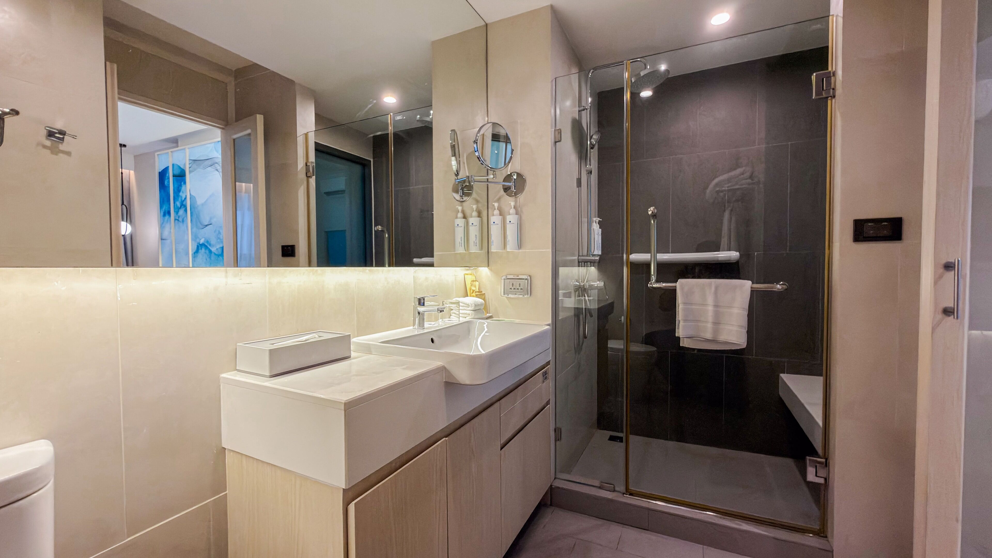 A modern bathroom with a glass-enclosed shower, a vanity with a sink, and a large mirror.
