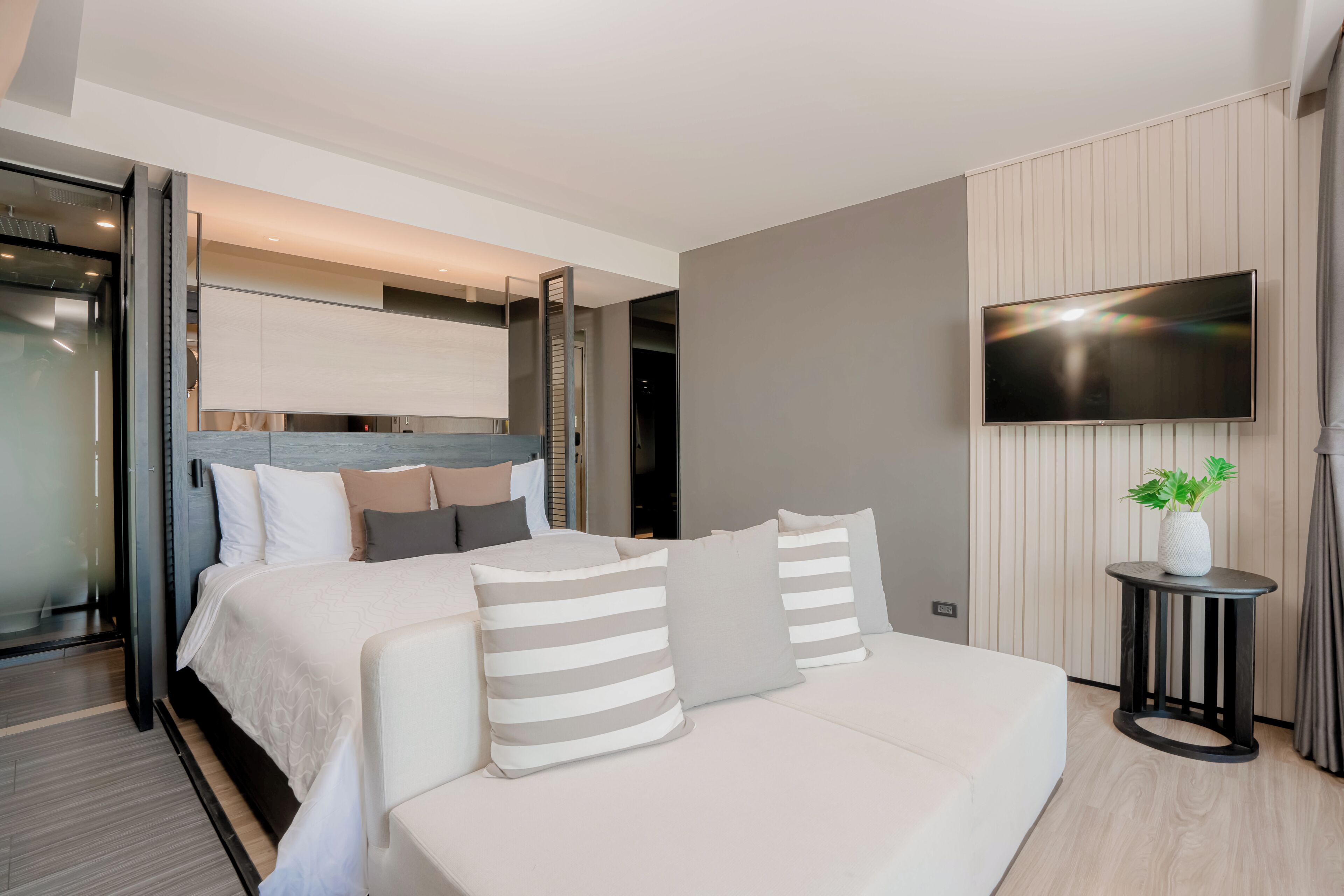 A modern hotel room with a bed, a TV, and a small table with a plant.