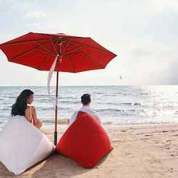 On the beach, sun-loungers, beach umbrellas, beach towels