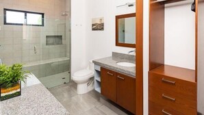 A modern bathroom with a glass shower enclosure, a toilet, a sink with a wooden vanity, and a mirror.