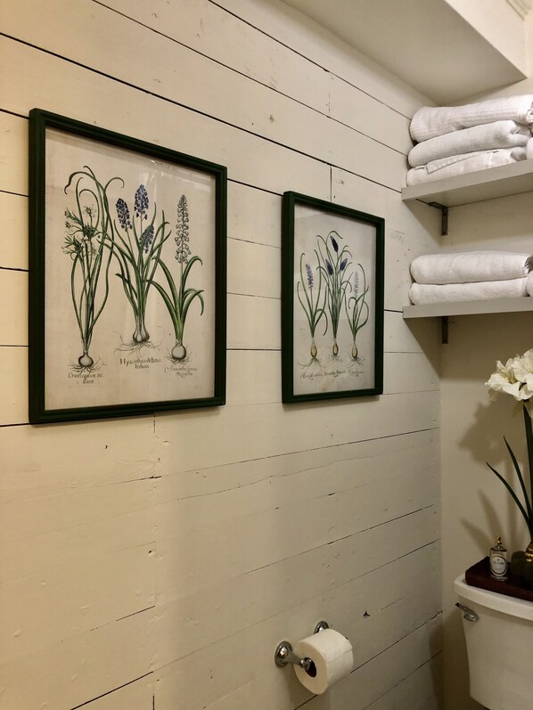 Combined shower/bathtub, hair dryer, towels, soap