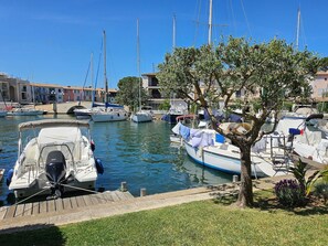 A marina with boats docked, a tree in the foreground, and buildings in the background.