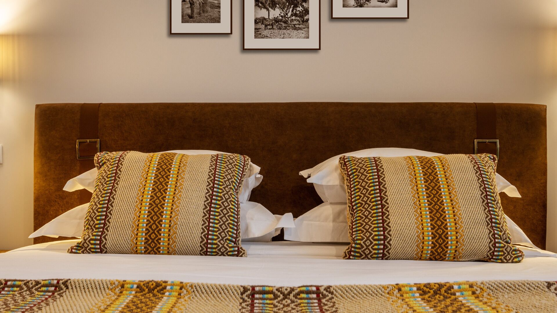 A bed with two patterned pillows and a matching throw, set against a brown headboard.