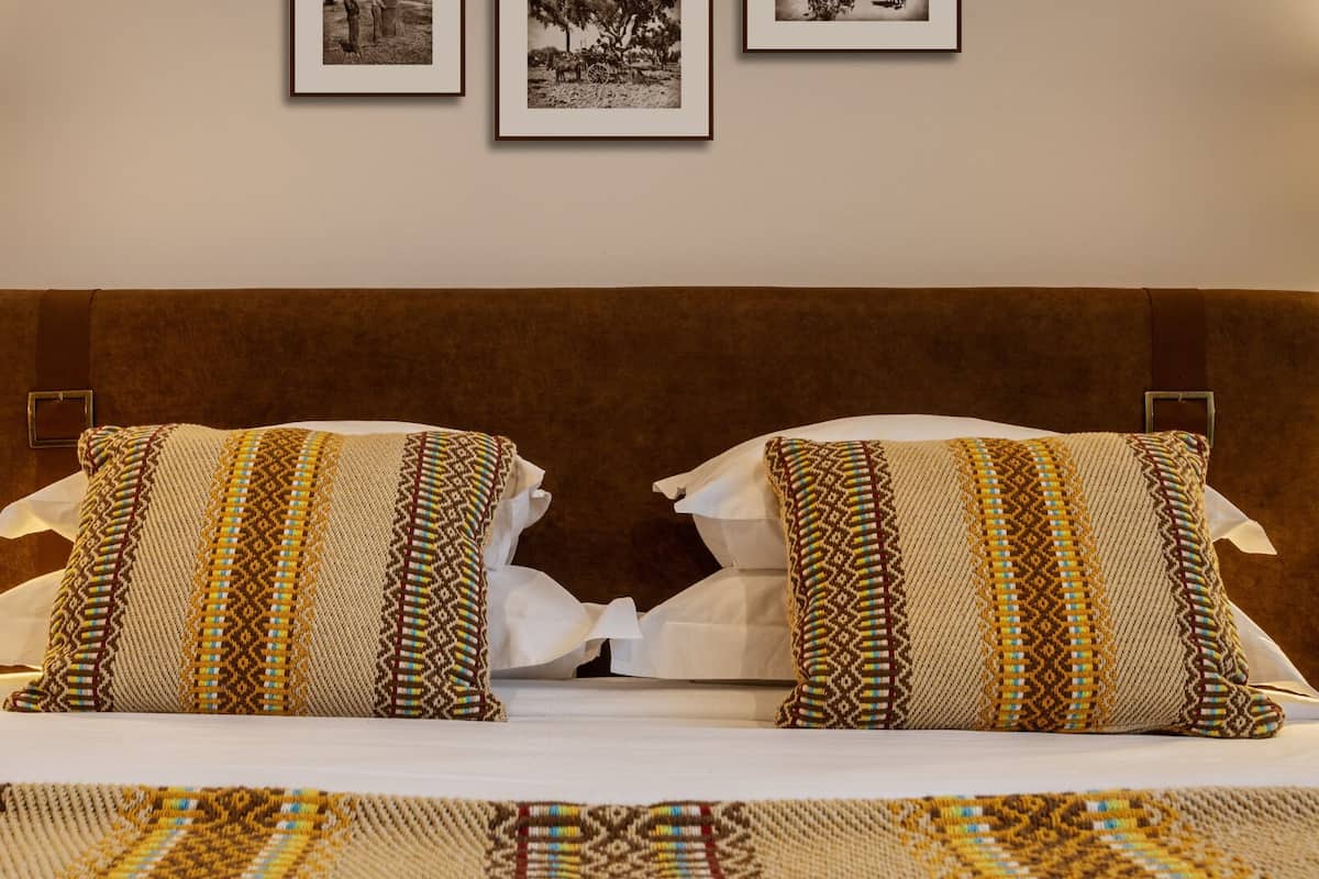 A bed with two patterned pillows and a matching throw, set against a brown headboard.