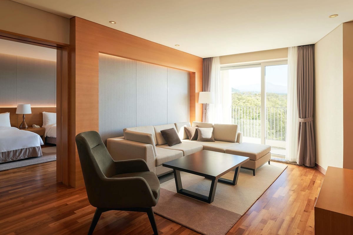 Habitación de hotel con cama, sofá, sillón, mesita de centro y vistas al exterior.