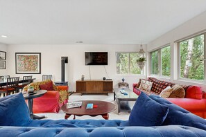 Télévision, cheminée, livres