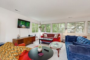 Télévision, cheminée, livres