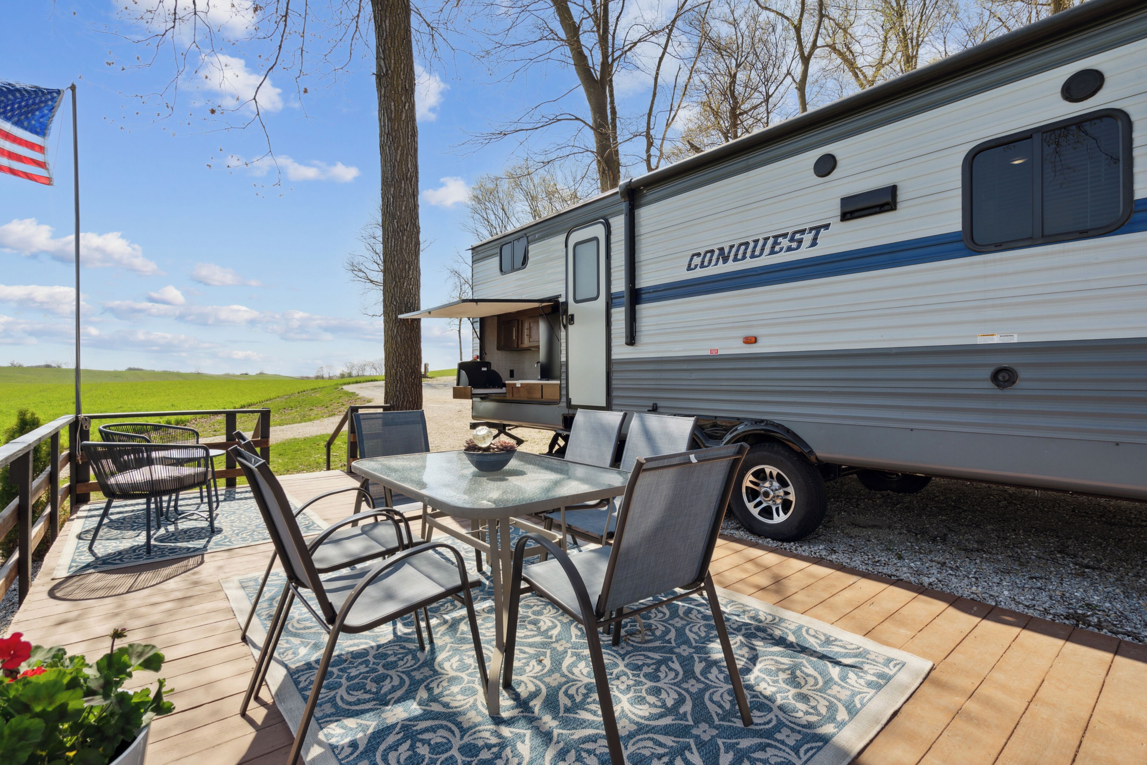 The Coastal Conquest Camper Rental, located on Silver Lake in Delhi, IA